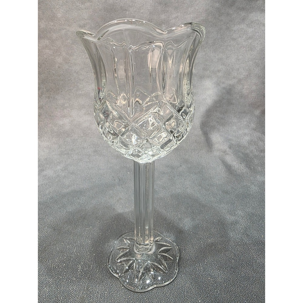 Vintage Clear Glass Tulip Votive Candle Holder Scalloped Diamond Cut Stemmed 7.5